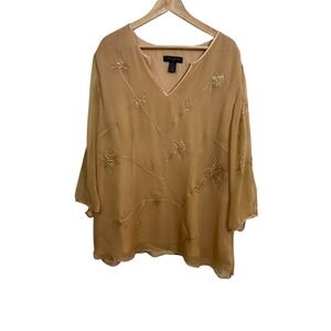 Vtg Silk Beaded Blouse 2XL Camel Tan Boho Embroidered Top Romantic Flowy Art
